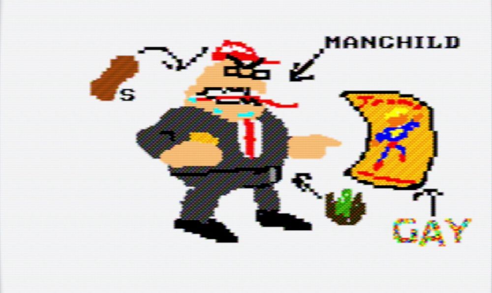 A characture of Steven Cheung “busting a nut” at a poster of Trump as a muscular Superhero due to his supposed homosexual tendencies.

made in Mario Paint via a Nintendo Switch 2