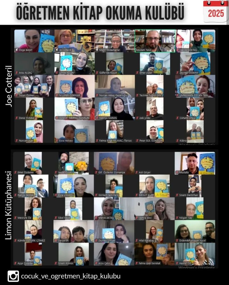 Two screenshots of the zoom call . 50 people holding up copies of A Library of Lemons 