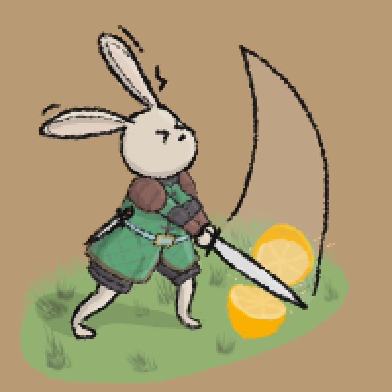 Anthropomorphic rabbit cutting a giant lemon in half with a sword while not looking.