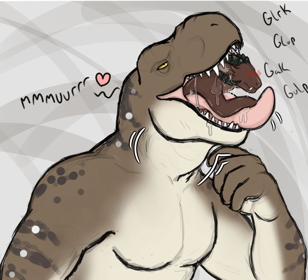Hunky anthro T-rex Gage swallowing a shrunken, blushing felkin while gulping repeatedly and purring in pleasure.