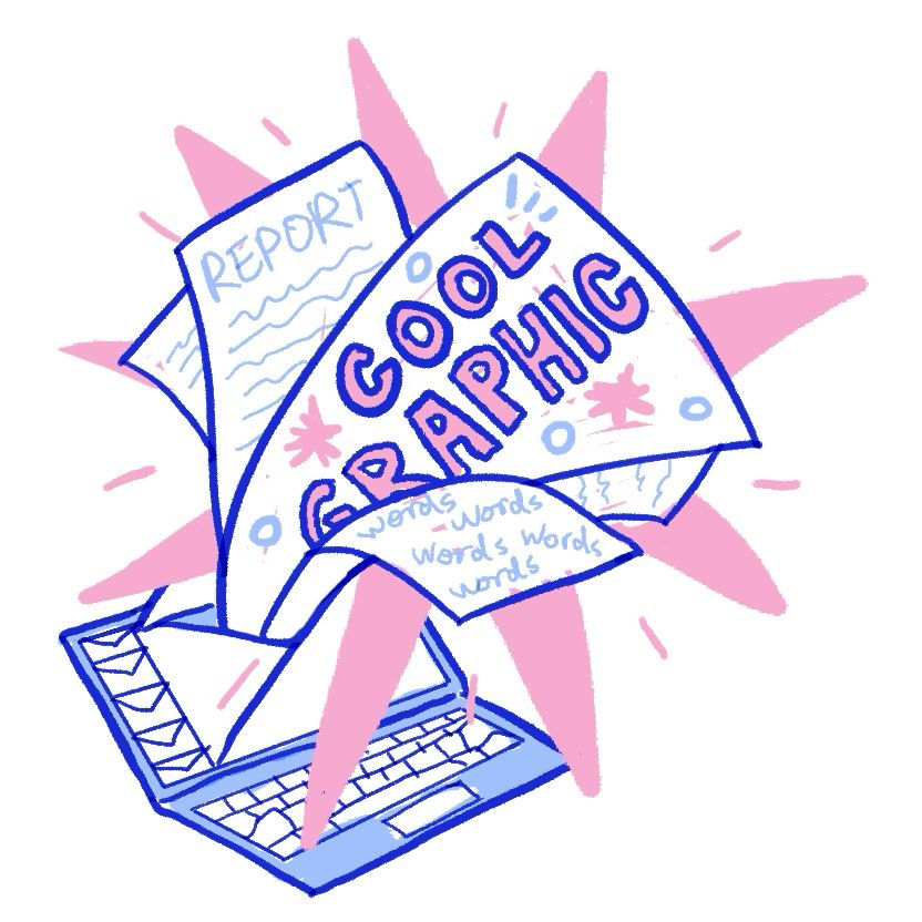 One of the graphic used in Buffie's website, showing a bunch of documents bursting out of an email app on a laptop. One of the documents have big pink text saying "Cool Graphic".