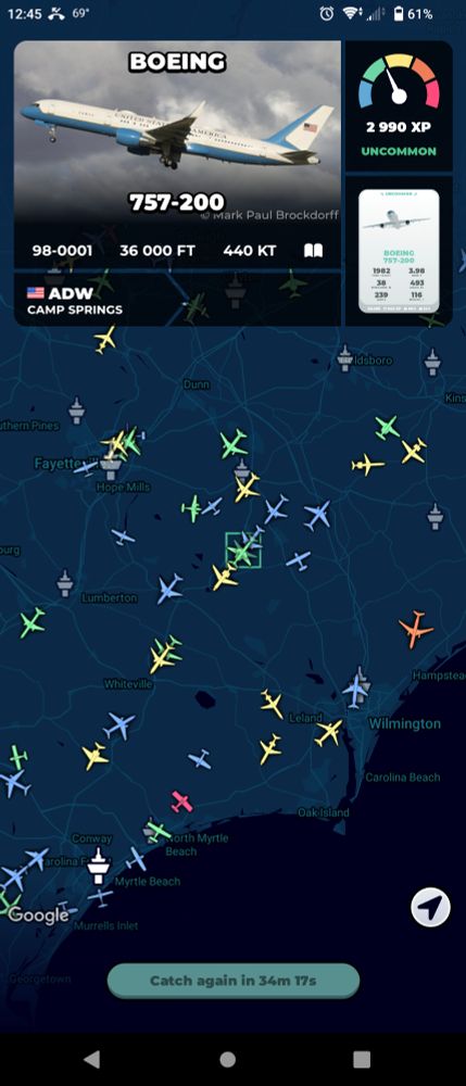 skycards screenshot showing boeing 757-200 reg 98-0001 over south carolina 
