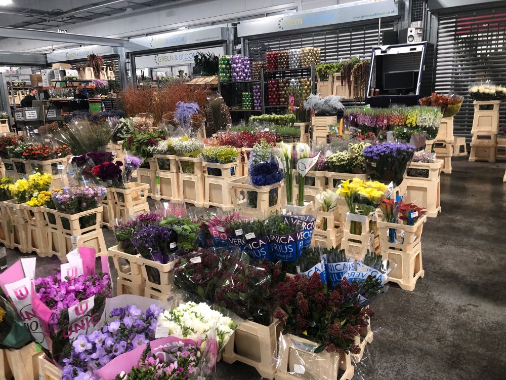 Interior of New Covent Garden Market featuring Green and Bloom stall