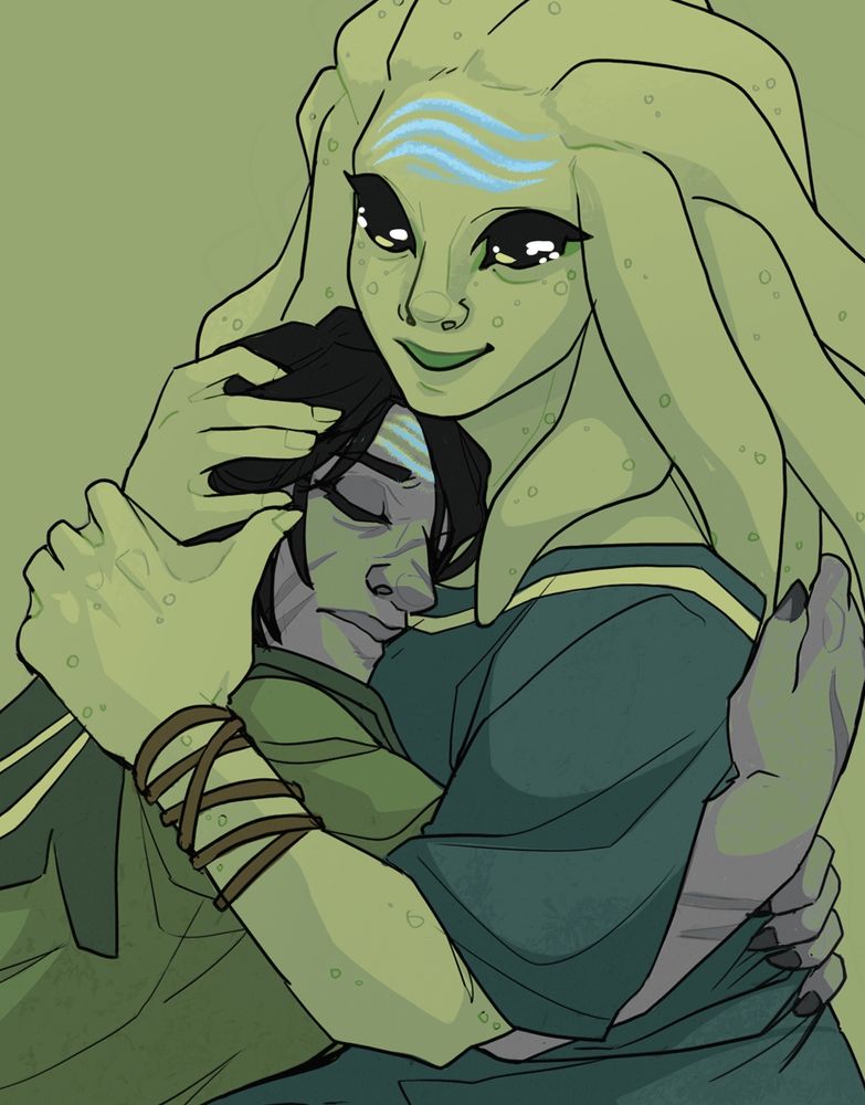 A digital fanart illustration of Kor and Yana from Star Wars’ High Republic series. Kor, a yellow-green Nautolan is embracing her Evereni girlfriend Yana Ro in her arms. 
