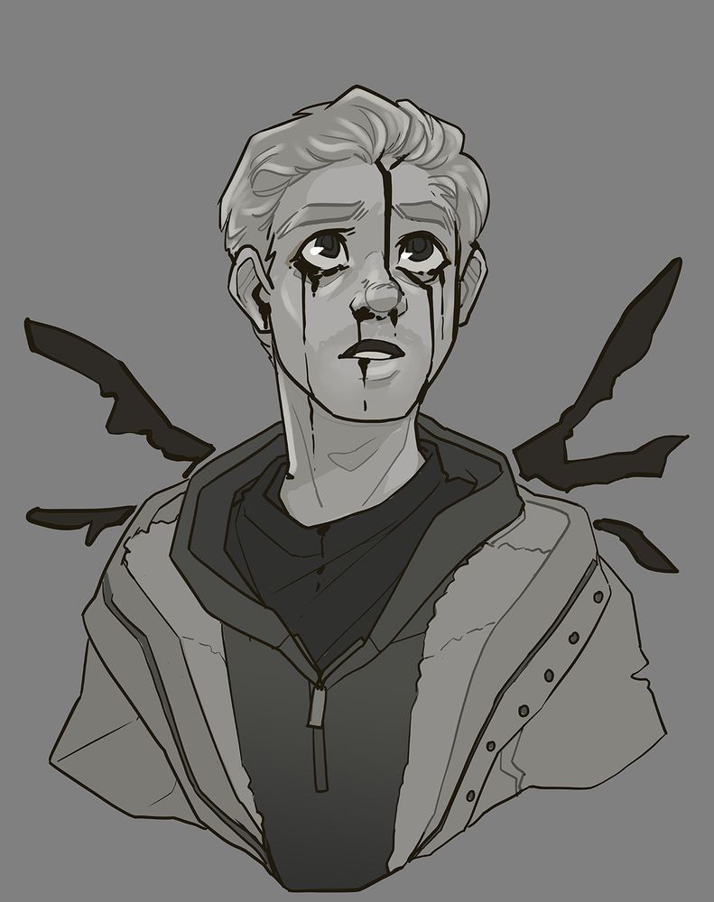 A black and white digital illustration of Ethan Winters from Resident Evil Village. He is a blonde man in a dark hoodie and lighter overcoat. He is facing the audience, looking up, with black ichor dripping from his forehead, eyes, and nose. 