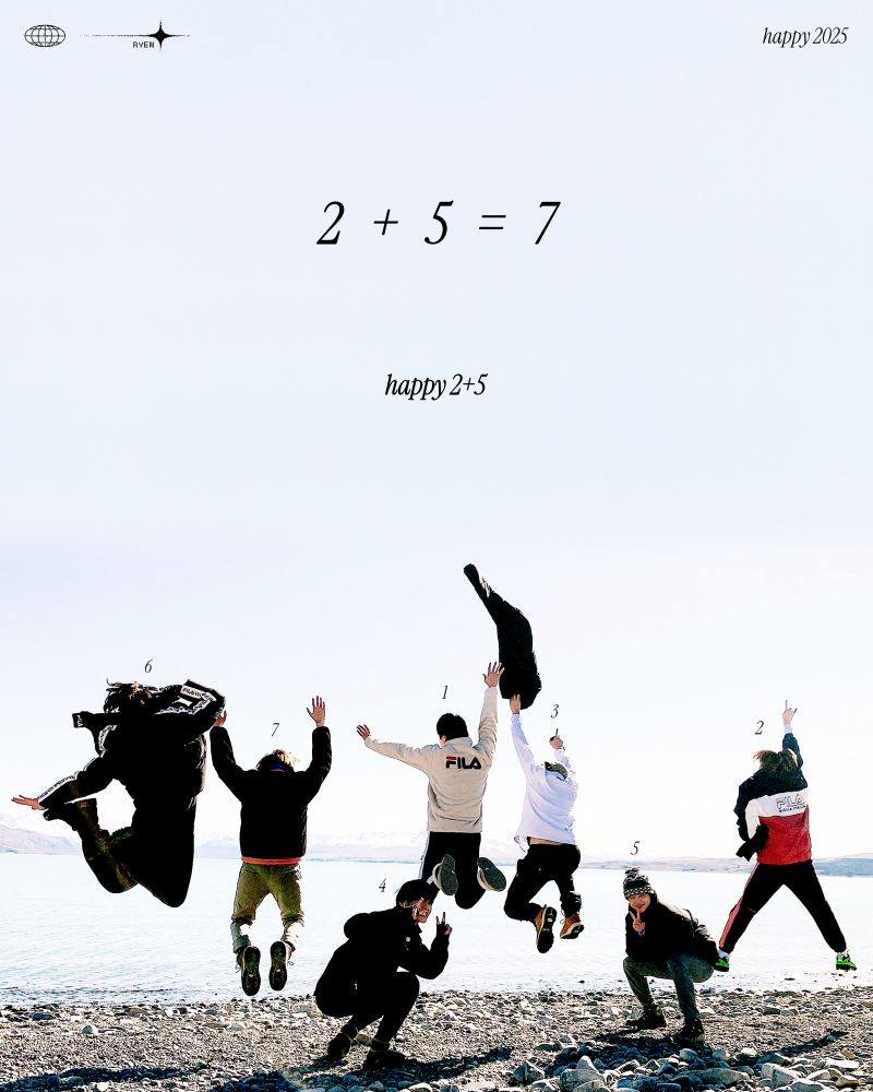 studioagust edit of a jumping bts picture from bon voyage, text reads “2+5=7” and “happy 2+5,” to signify the 2025 year and 7 members, and the fact that we got 2 members back and are now awaiting 5 more🤍