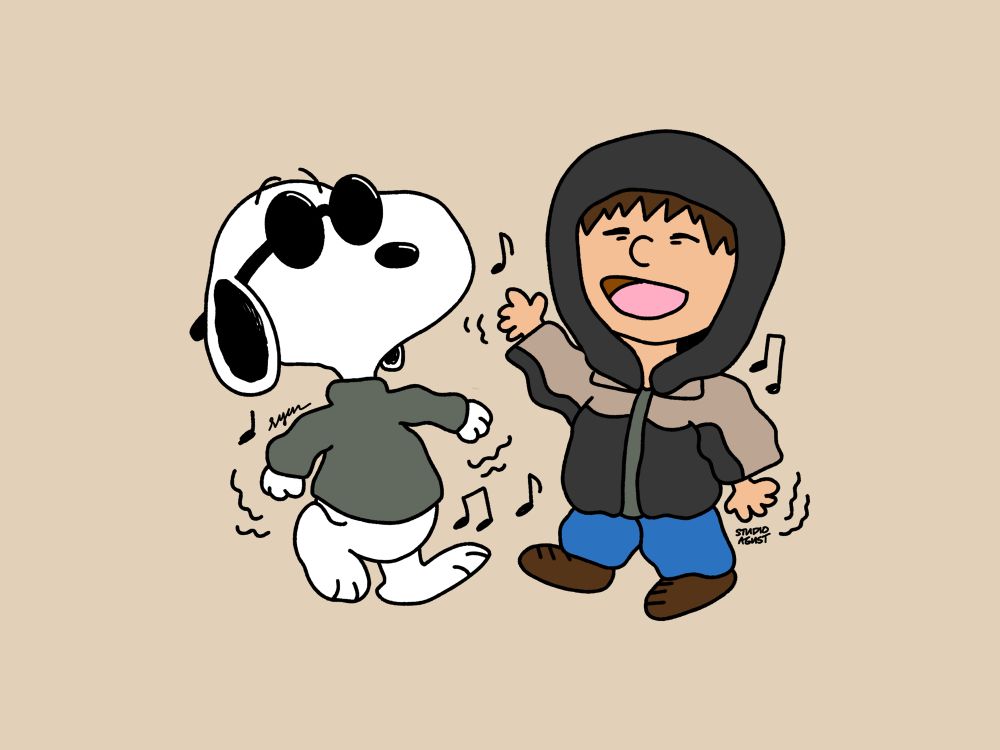 studioagust doodle of snoopy and jhope from bts, dressed in his clothing from the on the street music video with jcole. on the street we all fam🤝 