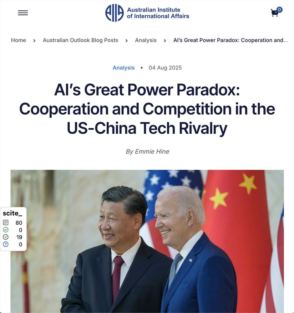 Article header screenshot: 
AI’s Great Power Paradox: Cooperation and Competition in the US-China Tech Rivalry
By Emmie Hine

A picture of Xi Jinping and Joe Biden shaking hands.