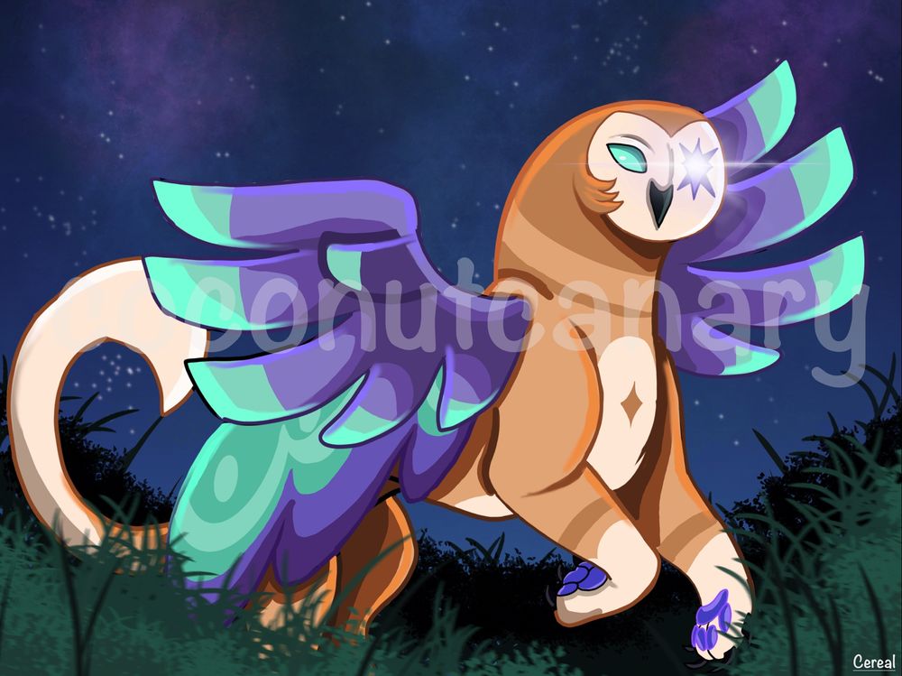 A owl/centaur/sphinx like creature frocking through grass under a night sky