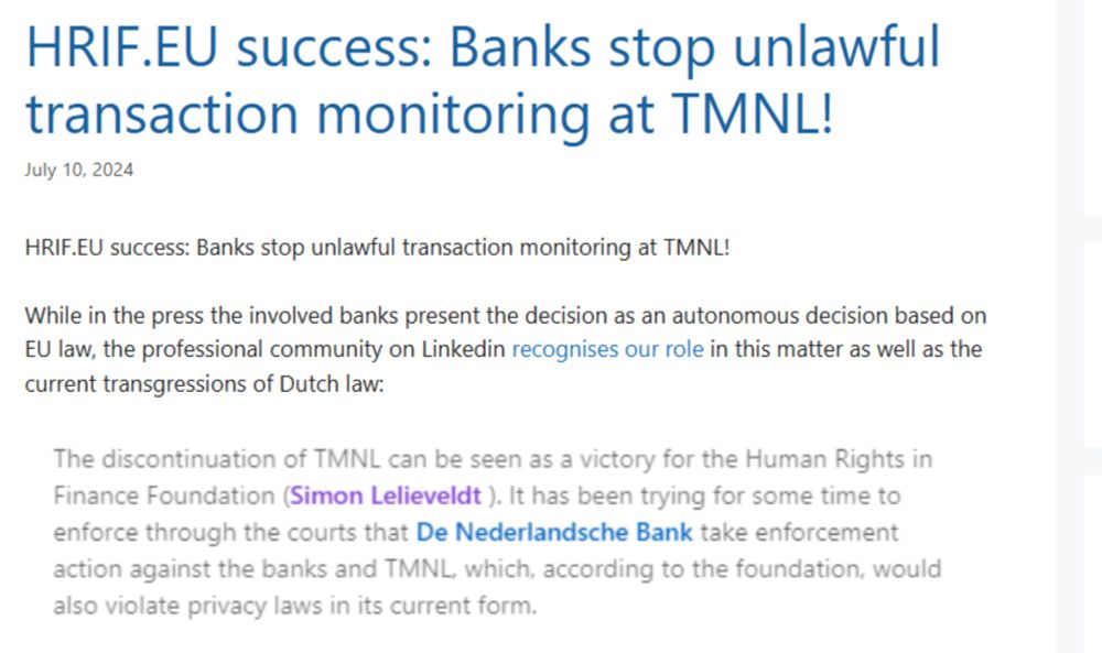 HRIF.EU success: Banks stop unlawful transaction monitoring at TMNL!