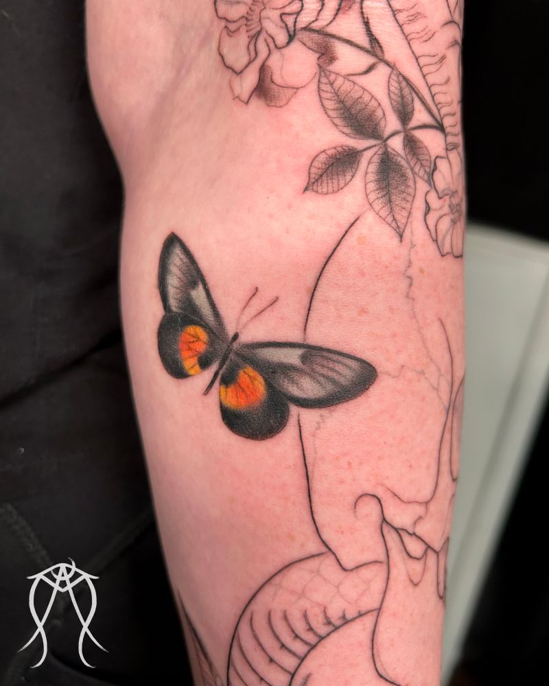 Botanical tarot tattoo in progress: horned skull, snake, flowers, butterfly. Will be black and grey with pops of color. 