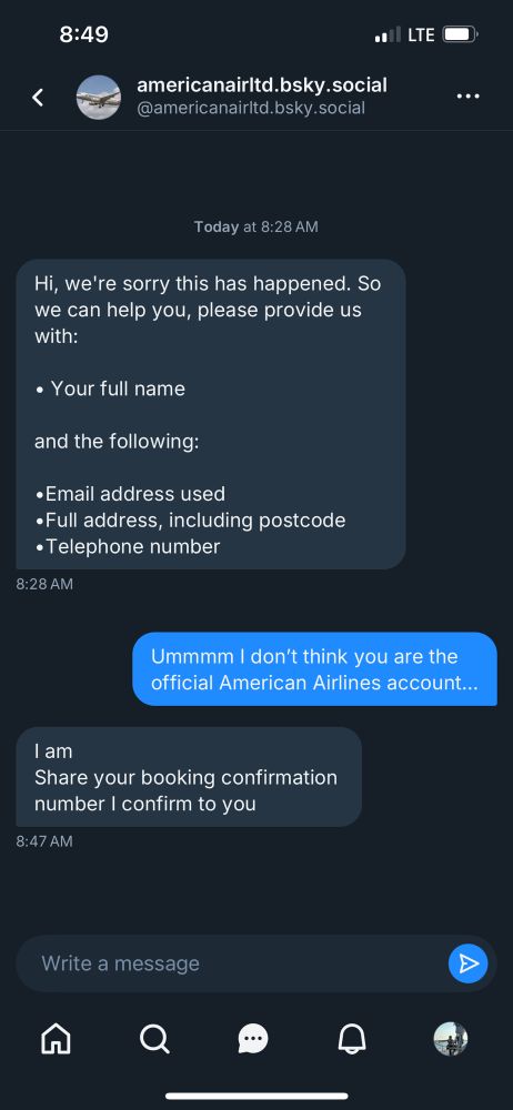 Screenshot of a scam account trying to get my personal information via DM on here