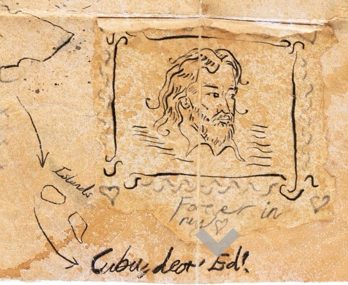 A close up of Stede’s hand drawn map from S2E2 with a drawing of Ed, underneath which is written ‘forever in my heart’, and ‘Cuba, dear Ed?’