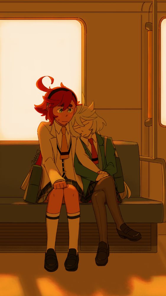 suletta and miorine from mobile suit gundam: the witch from mercury in the youth frontier manga au "cuddling" on the train
practicing with colors some more :)
