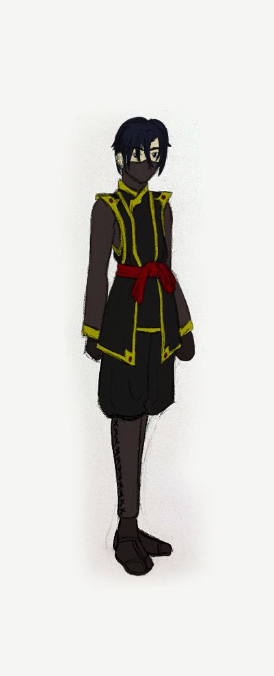 An illustration of a ninja (Takeshi from Lost Blades) in a black and gray outfit with gold trim and a red ties at the waist. He's wearing a face mask. Image is from 2012. 
