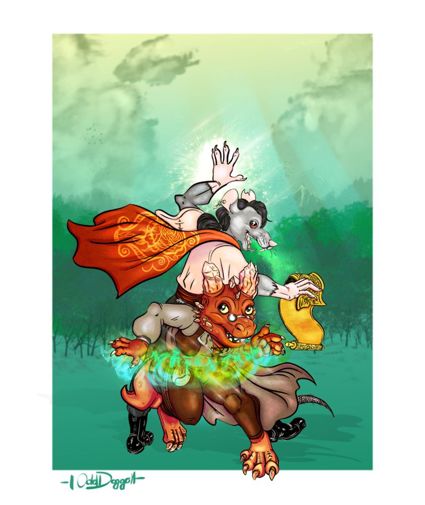 Digital art of two characters, in front a small red kobold with crystal horns casting an arcane spell between his hands. Behind, standing back to back with the kobold, is a ratfolk holding a golden scroll and raising one hand above his head, summoning a bright light. Behind them is a misty green forest and mountains.