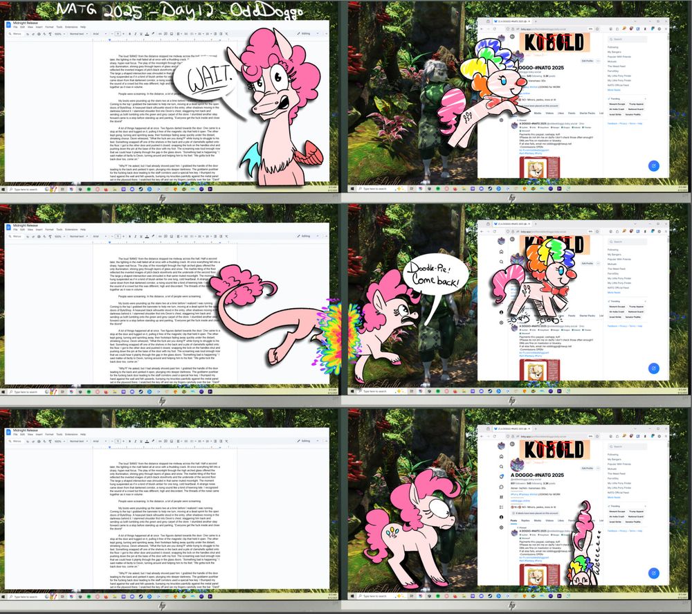 Digital art of a six panel comic of Pinkie Pie the draconqius and Pinkie Pie the doodle. Pinkie realises the doodle horse is on the other monitor then hops over there, transforming back into a pony as she does. But, Doodle Pie has entered a firefox window, and jumps into my bluesky timeline headfirst.