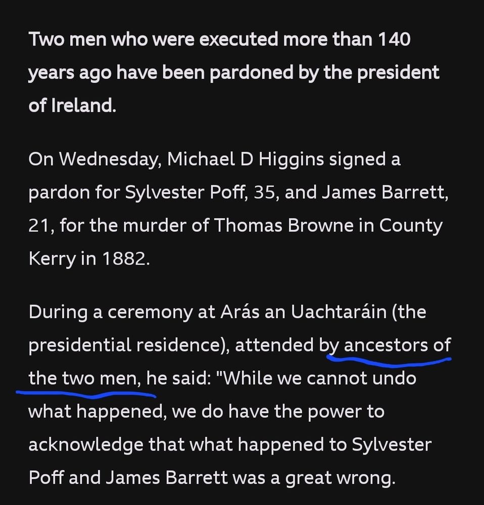 Screen shot of BBC News report underlining the claim that a ceremony hosted by Irish president Michael D Higgins had ancestors of 2 men executed in 1883 as guests.