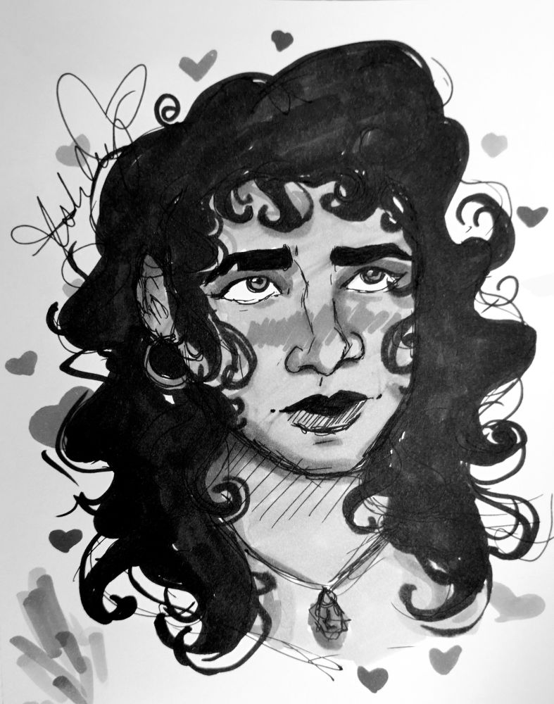 a greyscale drawing of femjayce from the neck with curly hair and medium sized hoop earrings. she is wearing the arcane runestone as a necklace and blushing.