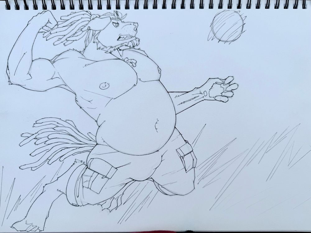An anthro labradoodle male in a leaping pose preparing to smack down a volleyball