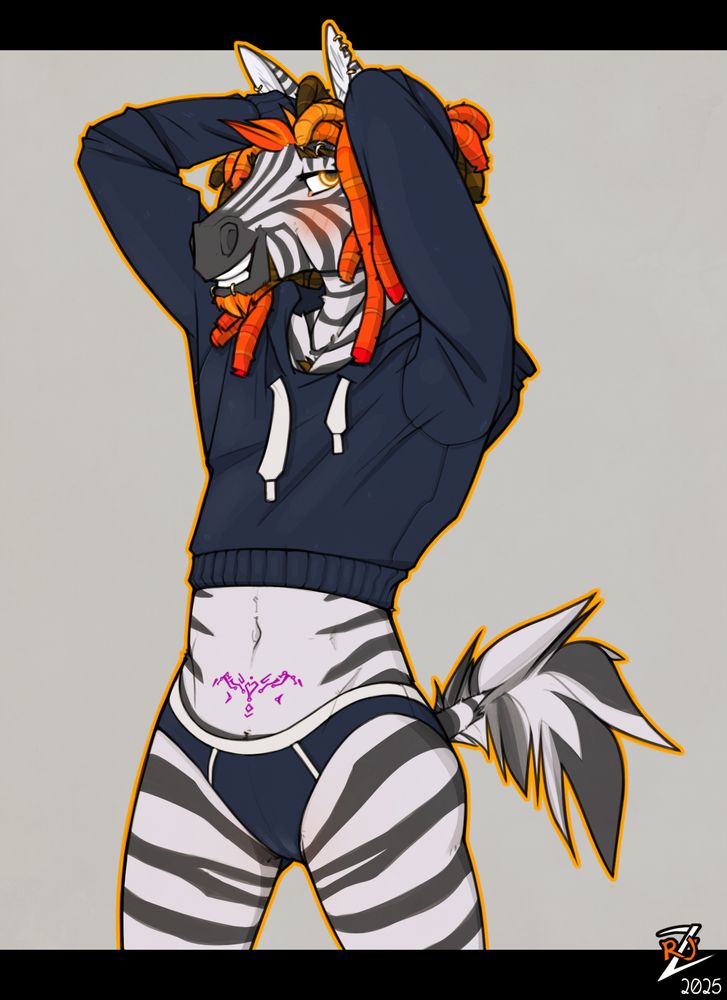An anthro zebra in a cropped hoodie top and matching tight undies. He;s grinning while tying his hair back