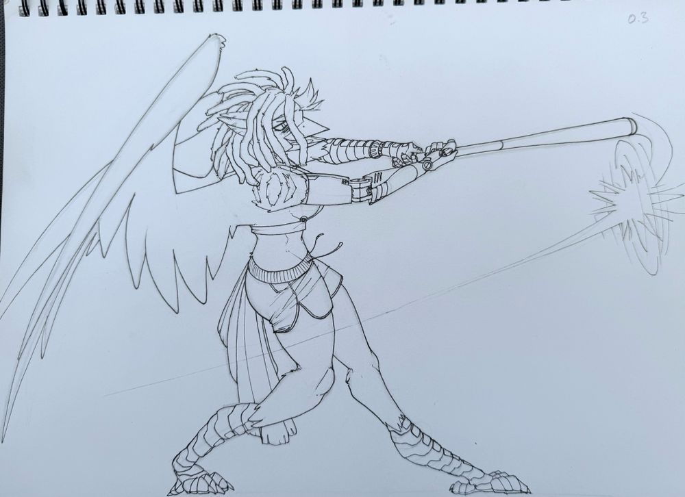 An anthro bluejay girl with dreadlocks and cyber arm swinging a baseball bat