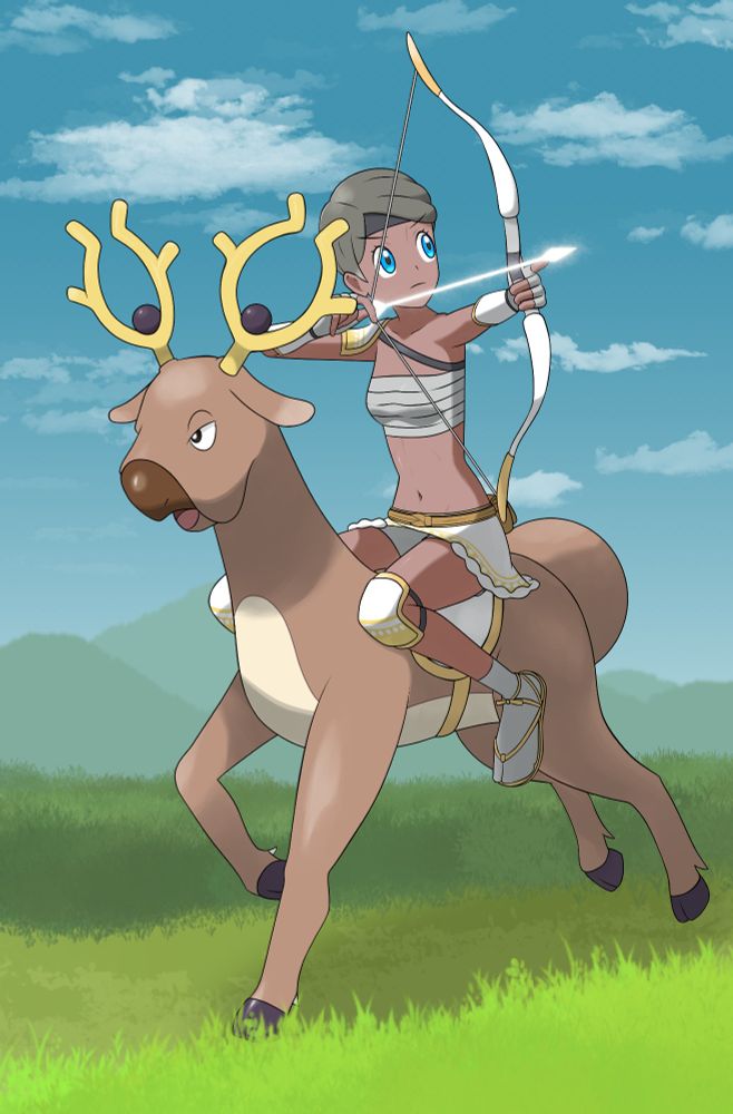 A psychic wanderer firing an energy arrows from her Stantler galloping over the Hisuian wilderness.