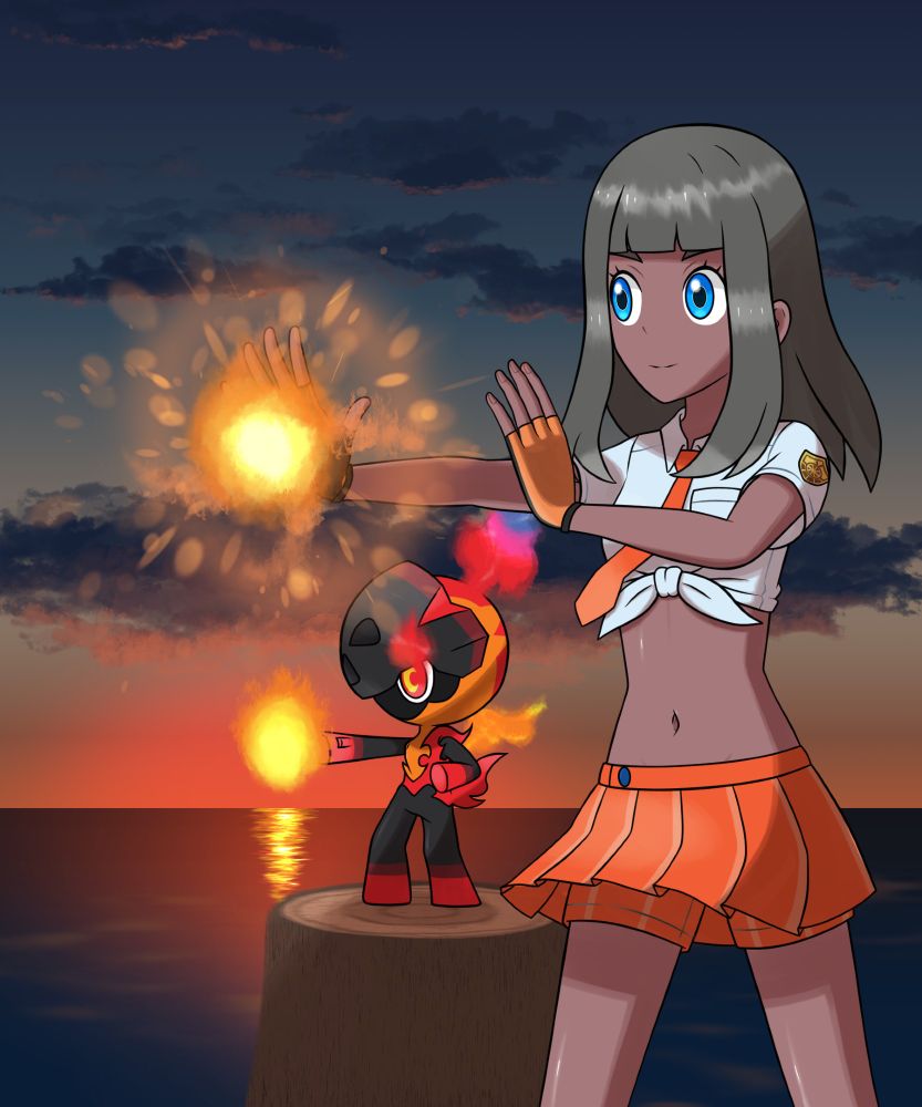 A psychic from Naranja Academy training her pyrokinetic psychic power at dusk alongside her Charcadet.