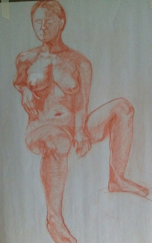 Figure study of a nude model. Much more understanding of form and 3d space. Clear understanding contour and rendering. Conte crayon on newsprint. I was actively working to better my art between this and the last one. So the jump from that last one to this was only a year. I would go to a local art school and pay 10 bucks to sit on a live model session. I brought my own supplies. This was in Chicago. There’s a similar program where I live today in a very small town in a different state. This kind of thing exists all over. 