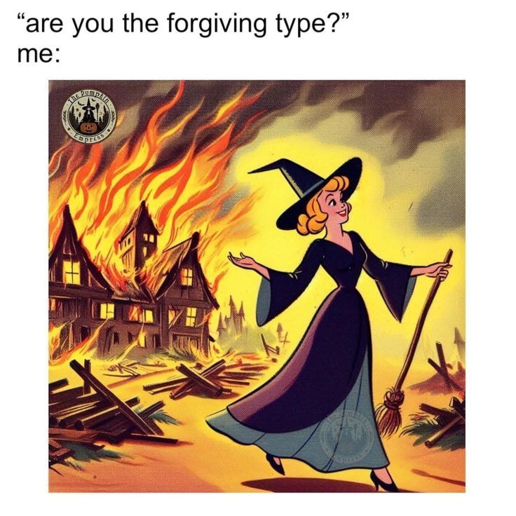 A happy (cartoon) witch struts away from a burning building 