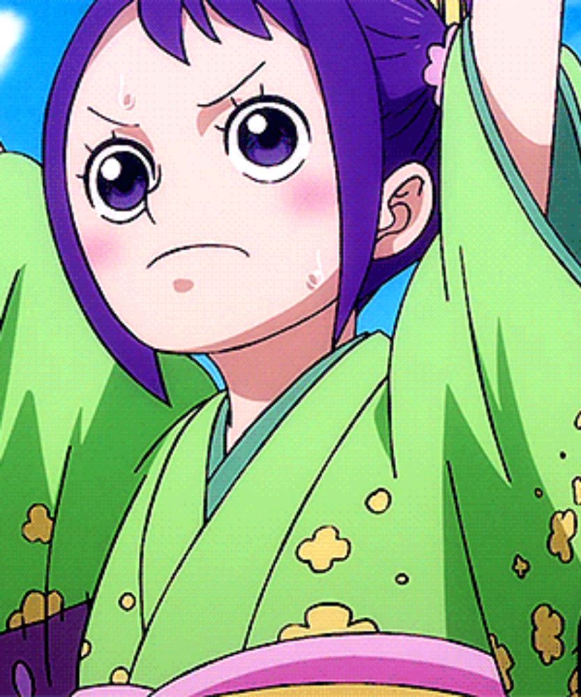 a girl with purple hair is wearing a green kimono with flowers on it