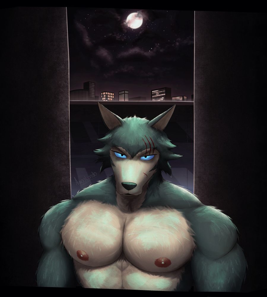 A buff wolf man (Legoshi) stares at the viewer with glowing eyes. He is in a dark alley that peers over a street — buildings line the horizon and the clouded, starry sky is lit up by a full moon