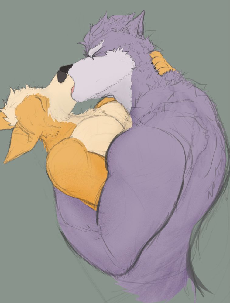 Rough sketch of Wolf and Fox McCloud passionately kissing in embrace