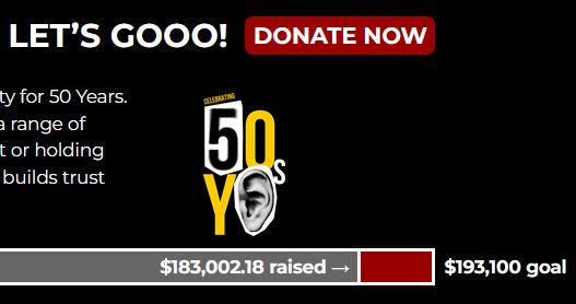 A partial screenshot from the CKCU website: on black background, in white text at top it says "LET's GOOO!" followed by a red box "Donate Now." There are the cut-off ends of four lines of text on the left-hand side underneath, "for 50 years", "range of", "or holding", "builds trust". In the middle is the logo in yellow and white, with a '5' and '0' on top with a 'Y' and an image of an ear with a small 'S' afterwards. At the bottom is a bar indicating the funding progress, the filled in grey bar has "$183,002.18 raised" written within it, then there is a small red part of the bar to the right, with "$193,100 goal" written beside it.