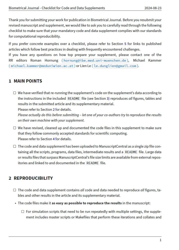 screenshot of a page of the Checklist for Code and Data Supplements from the Biometrical Journal 