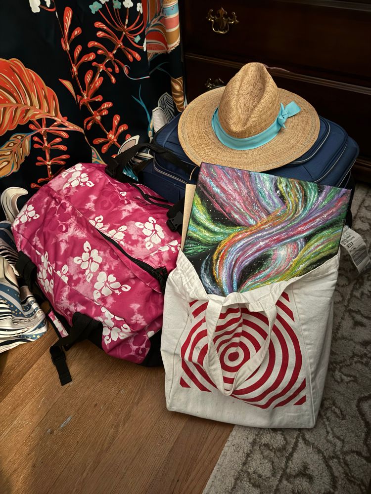 An assortment of my belongings that I have packed to go on vacation to the beach. In the very front is an old fabric target tote bag containing a painting I’m working on- the painting is of a rainbow nebula splitting off in many directions like tentacles on a black outer space background with white stars. Behind the target bag to the left is a pink duffle bag with a white Hawaiian flower print. I’ve had this thing since I was 12 but it’s hanging in there. In the very rear and slightly left of center is my navy blue suitcase, and sitting atop it my beach hat. The hat is straw with a wide brim and a blue ribbon band around it.