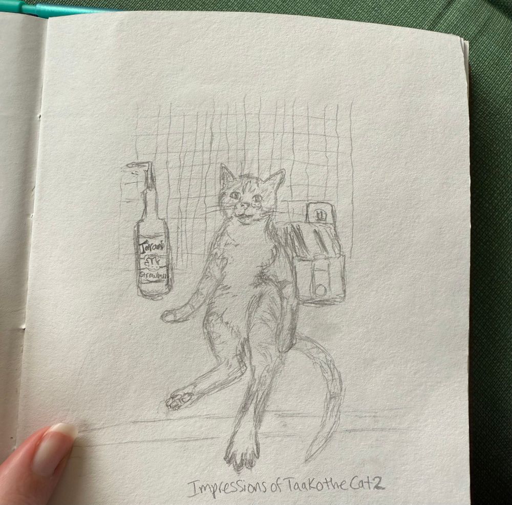 A pencil sketch of Taako the cat sitting in a way that I can only describe as, like a weird little cat man. He did this pose in real life too, and that is what this sketch is directly based on with basically no exaggeration. He is seen facing to the front, sitting on his butt with his back legs stuck out in front of him, leaning on his right paw (our left cause he’s facing us) and left paw placed on his left hip like a model. He is sitting on the kitchen counter with the toaster to his left, and a bottle of strawberry syrup for making strawberry lemonade and other such drinks on his left, also on the counter. A tile wall is behind him.

Text at the bottom reads “Impressions of Taako the Cat 2”
