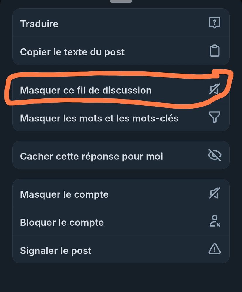 Capture d'écran de BS avec la fonction "Masquer ce fil de discussion".