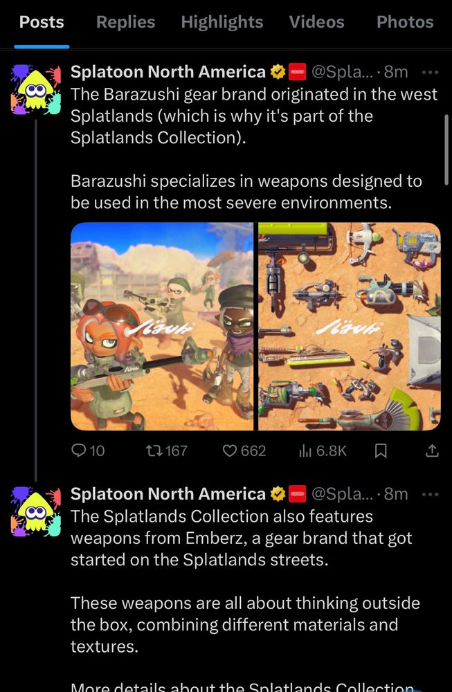 A tweet from Splatoon NA detailing the new Barazushi and Emberz Collections of weapons, which will feature new sub and special combinations 