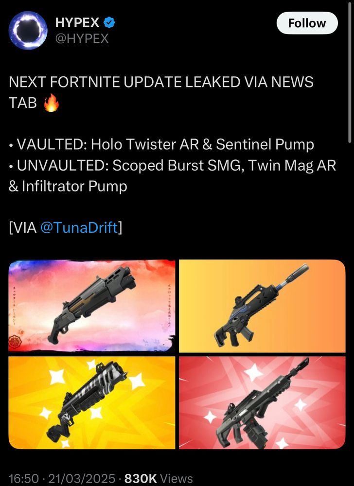 A tweet from Hypex which states that Fortnite will be vaulting the Holo Twister Assault Rifle and Sentinel Pump Shotgun in the next update, replacing them with the Twin Mag Assault Rifle and Infiltrator Pump Shotgun. They will also be unvaulting the Scoped Burst SMG.