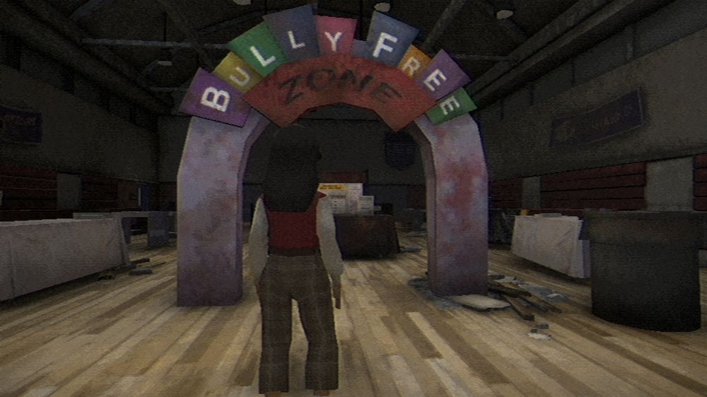 Screenshot of Fear the Spotlight (2024) depicting the protagonist, Vivian, standing in front of an arch that says "Bully Free Zone"