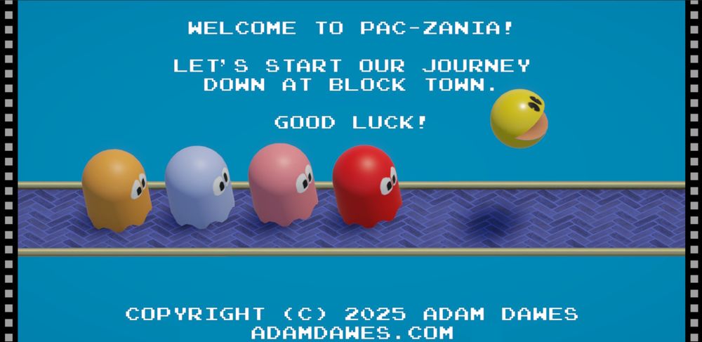 A screenshot from Pac-Zania showing the first intermission prior to level 1, Block Town