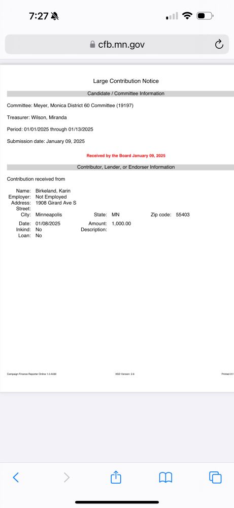 A maximum donation of $1000 from the Leader of the All of Mpls PAC to SD60 candidate Monica Meyer. 