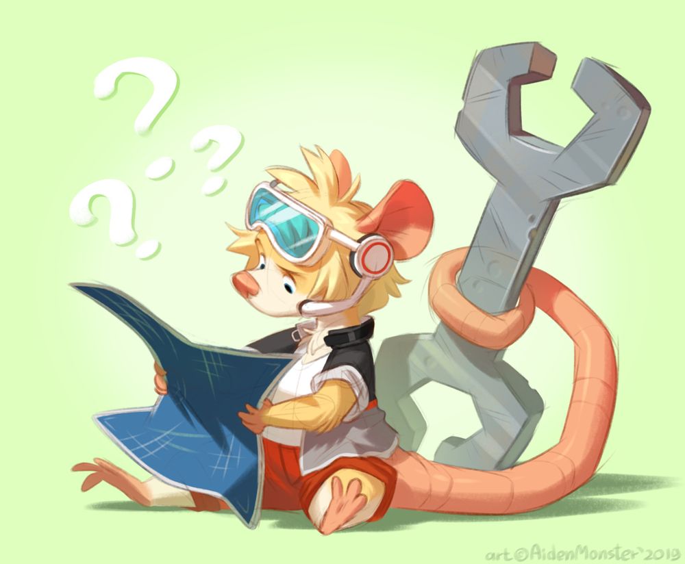 my fursona as a mouse, holding a big wrench and a schematic!
