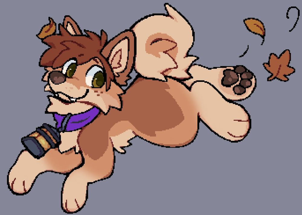 a pixel arlie on the run, trailing leaves!