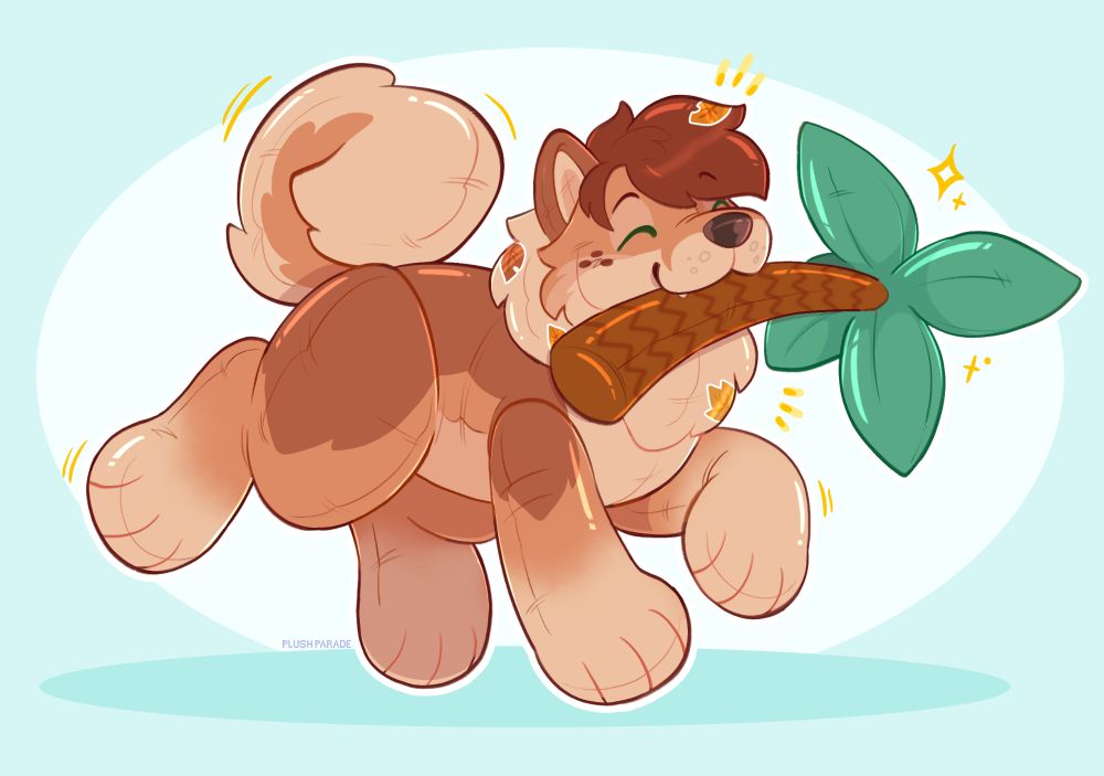 a BIG pooltoy arlie, clearly chuffed, carrying an enormous inflatable palm tree in their mouth like it's nothing 