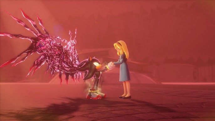 Shadow in his Doom Wing form looking up at Maria while softly holding her hands.