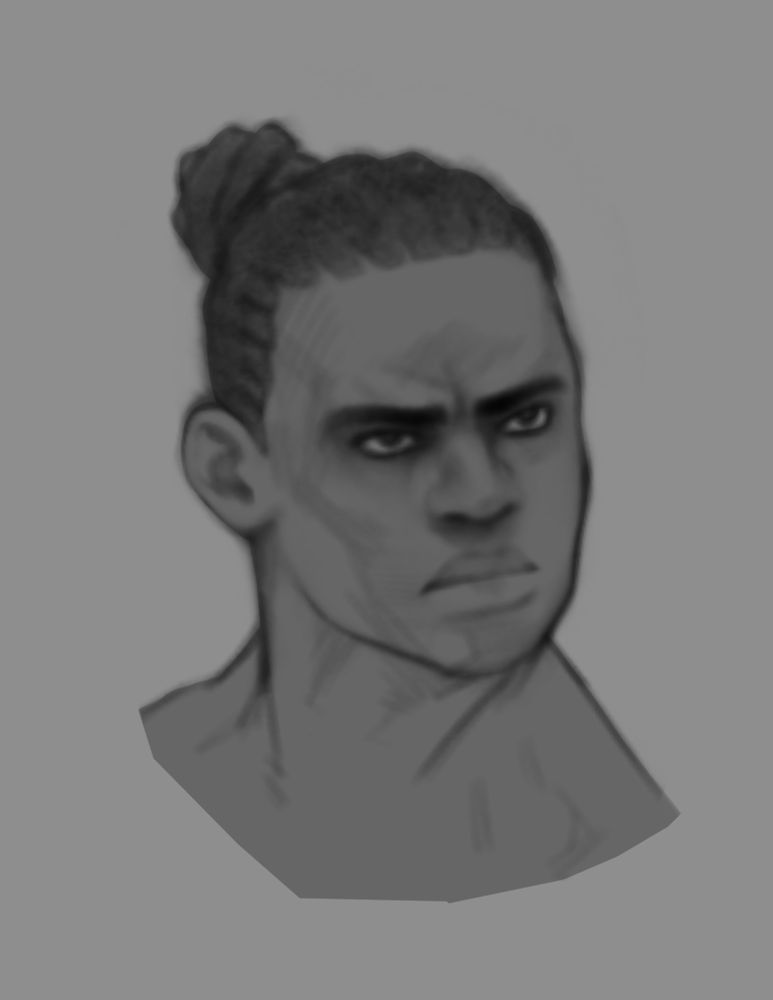 A young dark-skinned man with his loc’d hair tied back into a tight bun. He has a stern look on his face, and very thin eyeliner. 