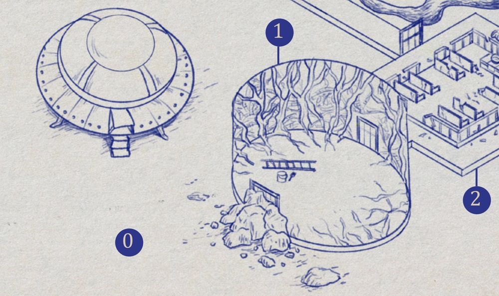 Screenshot of the isometric map, showing a flying saucer, an entrance to a ruin, and parts of a chapel.