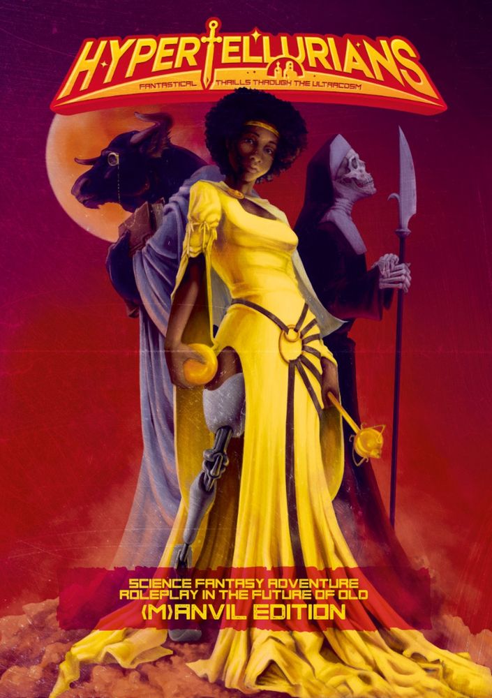 On the cover, artist Anna Katarina Molla shows a Royal in her
resplendent gown, flanked by a learned minotaur Beast, and a Revenant
with their favorite glaive, on a sandy planet backdrop.